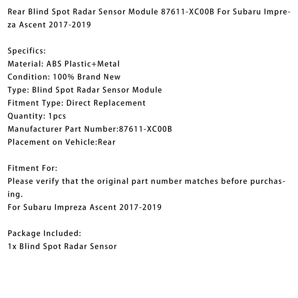 Rear Blind Spot Radar Sensor Module 87611-XC00B For Subaru Impreza Ascent 2017-2019