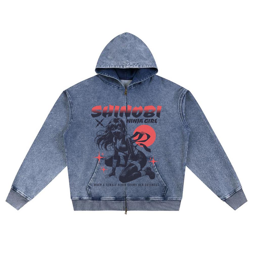 DTG Print Knitted Denim Zip-Up Hoodie Shinobi Ninja Girl Brother Print Zipper Hoodies  