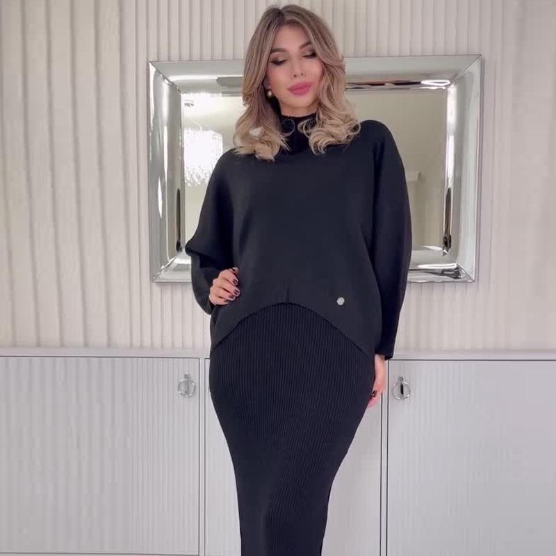 2024 Autumn Women's Solid Color Slim-Fit Knitted Dress & Korean Lazy Style Two-Piece Set