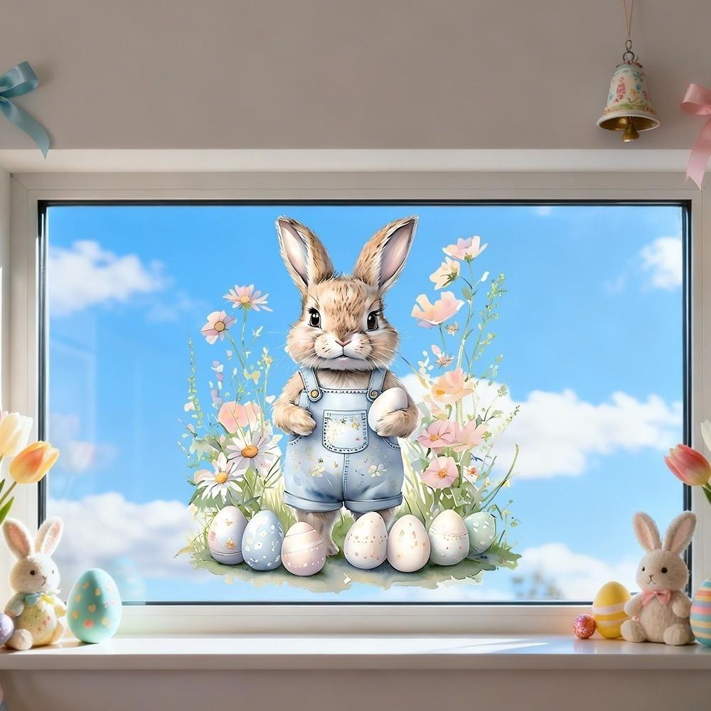 New Easter Flower Rabbit Sticker Self-Adhesive Waterproof Festival Party Sticker PVC Removable Wall Stickers Window Decoration
