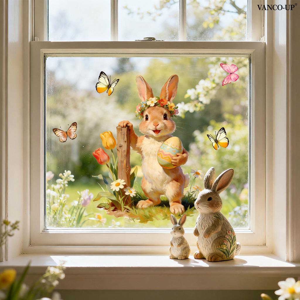 Easter Window Stickers, Creative Cute Floral Bunny Eggs Decor, Static Cling Glass Decals for Bedroom Living Room Holiday Decoration