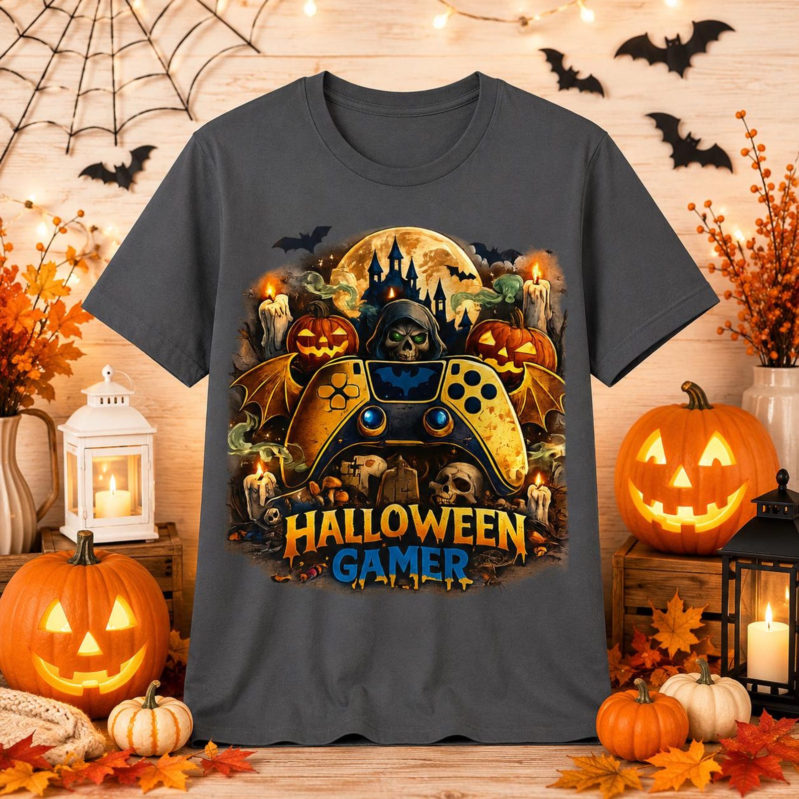 Halloween Gamer Shirt, Spooky Gaming T-Shirt, Horror Gamer Tee, Gamer Halloween Gift, Skull Pumpkin Controller Shirt 2XL
