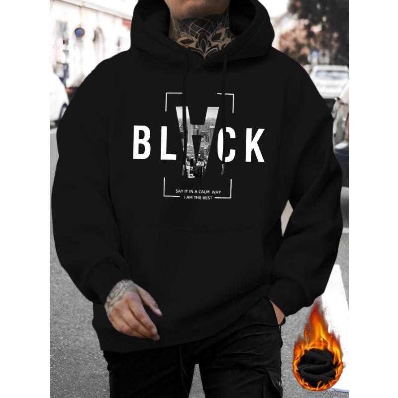 Men's New Style Black Calm Letter Casual Hooded Sweatshirt Fashion Drawstring Hooded Comfortable Versatile Long-Sleeved Hooded