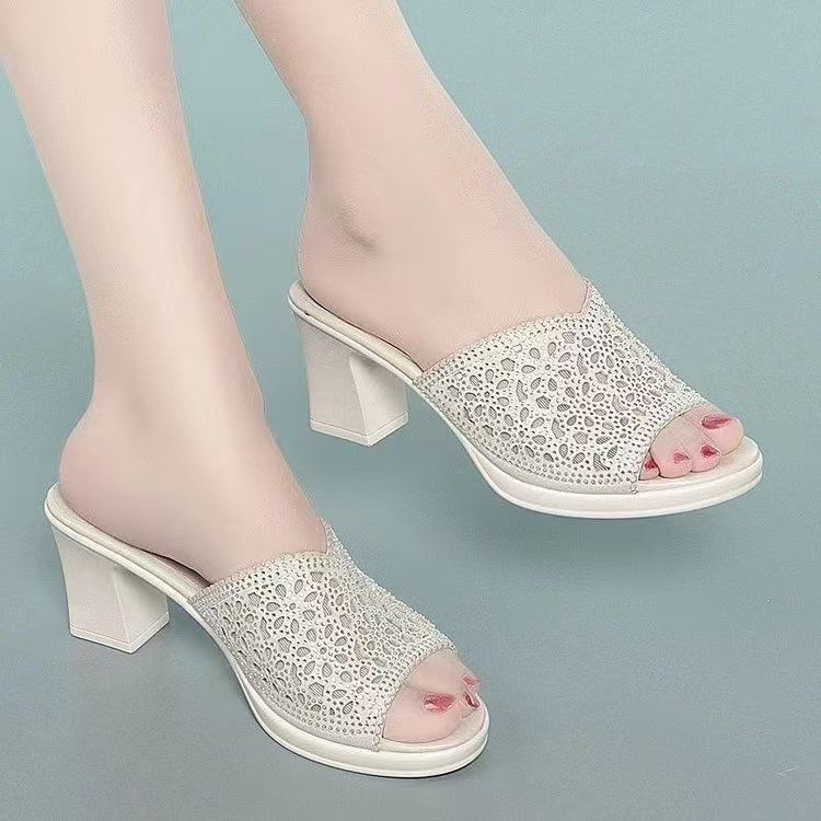 

2025 summer new fashion non-slip one-word sandals women wear high heels comfortable wear-resistant rhinestone thick heel mother cool 41 белый