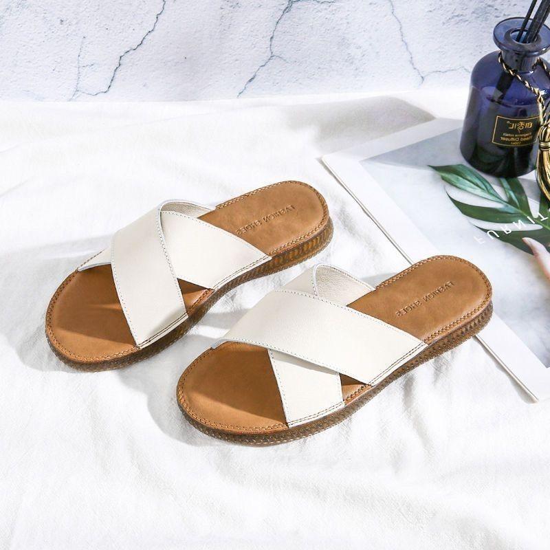 Cross slippers women's summer outer wear 2025 new simple and versatile flat shoes soft sole non-slip mother sandals ins