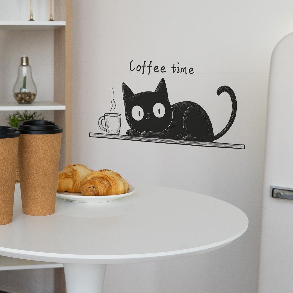 Cartoon Black Cat Cafe Wall Stickers Whimsical and Mysterious, Self-Adhesive Wall Decals for Coffee Shop and Restaurant Decor