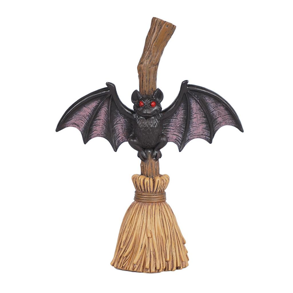 Halloween Bat Ornament Spooky Halloween Broom Bat Figurine With Eyes Handmade Resin Bat Decoration For Indoor Outdoor For Patio