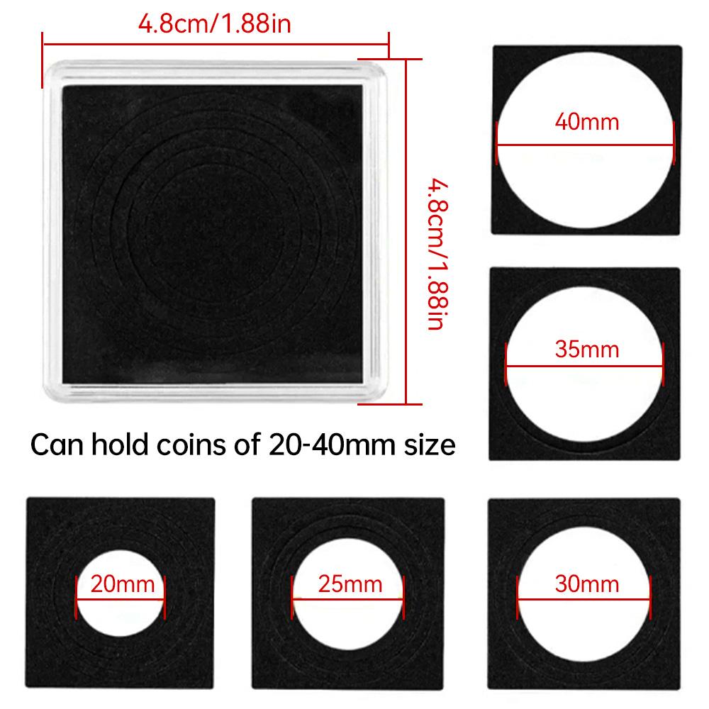20pcs Plastic Coin Storage Box Protection Container Capsules Square Foam Holder Coin Collection Box Transparent 20/25/30/35/40mm