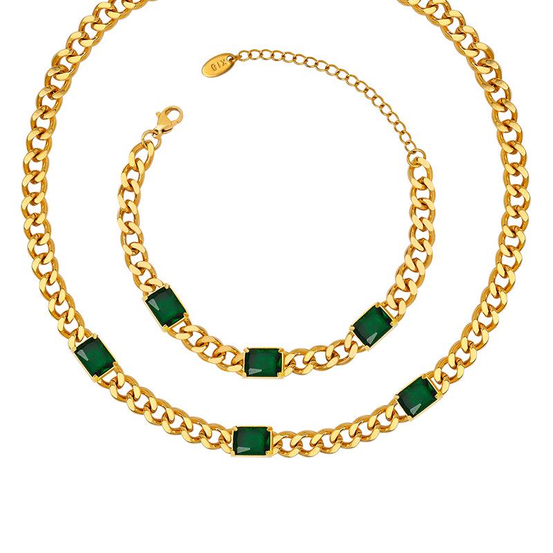 Custom Cuban Thick Chain Necklace & Bracelet Set with Green Glass Stones - Colorfast Jewelry