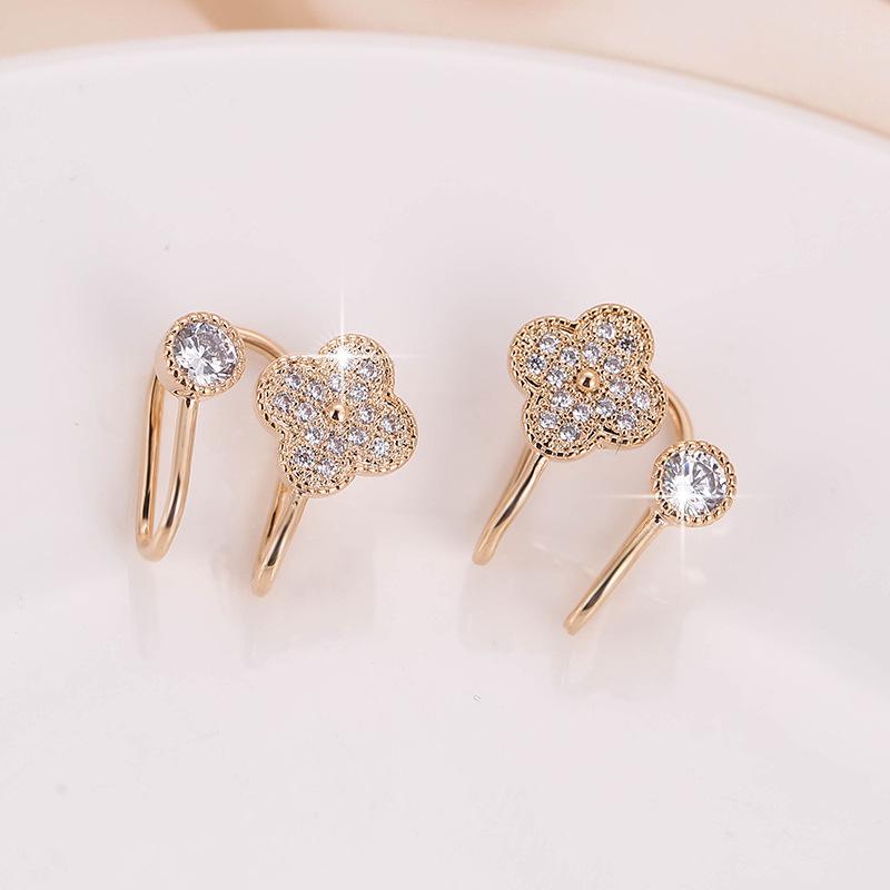 Korean-Style Double Sparkling Diamond Petal Four-Leaf Clover Women s Stud Earrings
