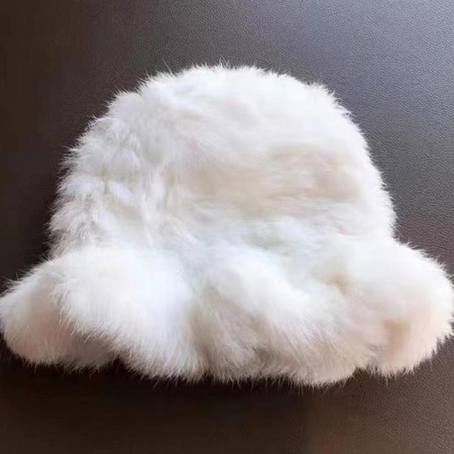 Stretch Rabbit Fur White Plush Hat for Women Autumn Winter Warm Ear Protection Woolen Hats Fur Knitted Caps