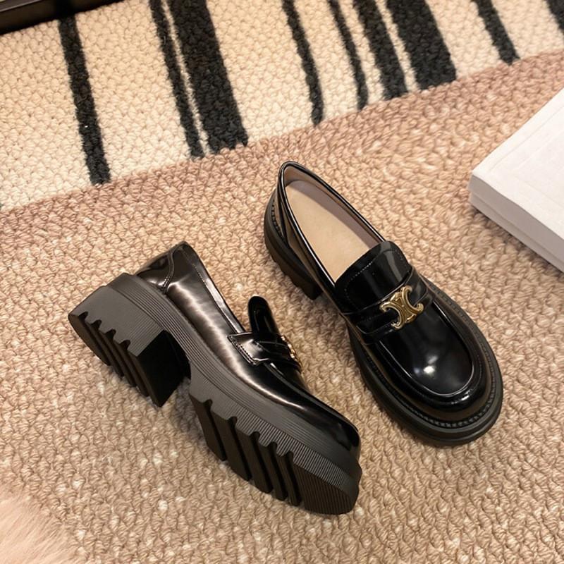 

Platform loafers British style Arc de Triomphe small leather shoes women s thick heel heightening shoes black one-pedal soft leather single shoes 40 чёрный