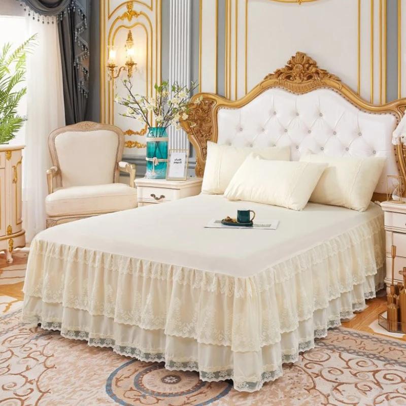 

3-слойная юбка-кровать, кружевная юбка-кровать с рюшами, покрывало для спальни с подсветкой, нескользящий наматрасник, простыня, покрывало