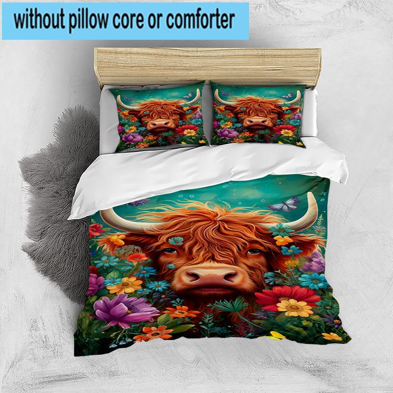 Cow In Flower Field 3pcs Bedding,Including 1pc Duvet Cover And 2pcs Pillowcases Perfect for Christmas,Ideal for Bedroom, Dormitory