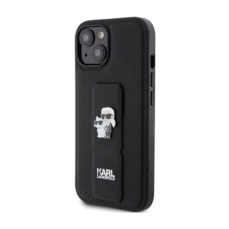 Karl Lagerfeld Gripstand Saffiano Karl & Choupette Pins - Etui Iphone 15 (Czarny)