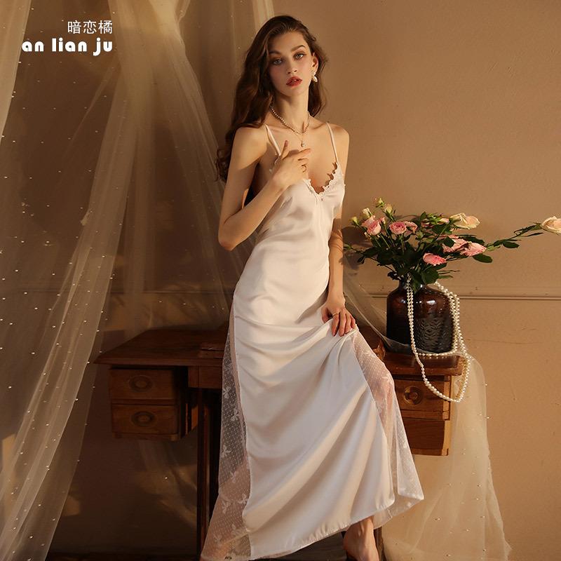 Suspender Nightdress Women's Ice Silk Thin French Court Dress Sexy Slim-fitting Clothes Can Be Worn Outside