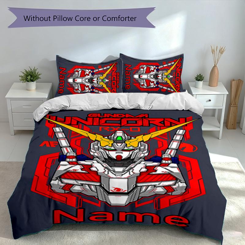 3pcs Custom Name Mobile Suit Gundam Set,Includes 1 Duvet Cover and 2 Pillowcases,All-season Bedroom Decor