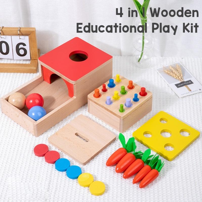 4 In 1 Wooden Play Kit Object Permanence Box Carrot Harvest Shape Color Sorting Stacking Learning Toy For Toddlers