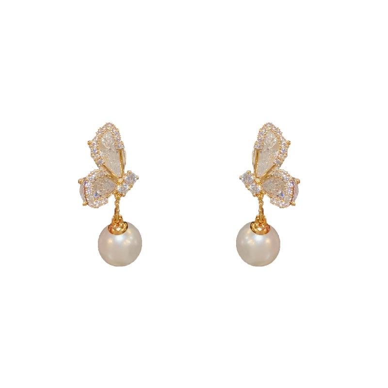 Zircon Butterfly Pearl Drop Earrings Elegant Luxury Fashion Earrings For Women