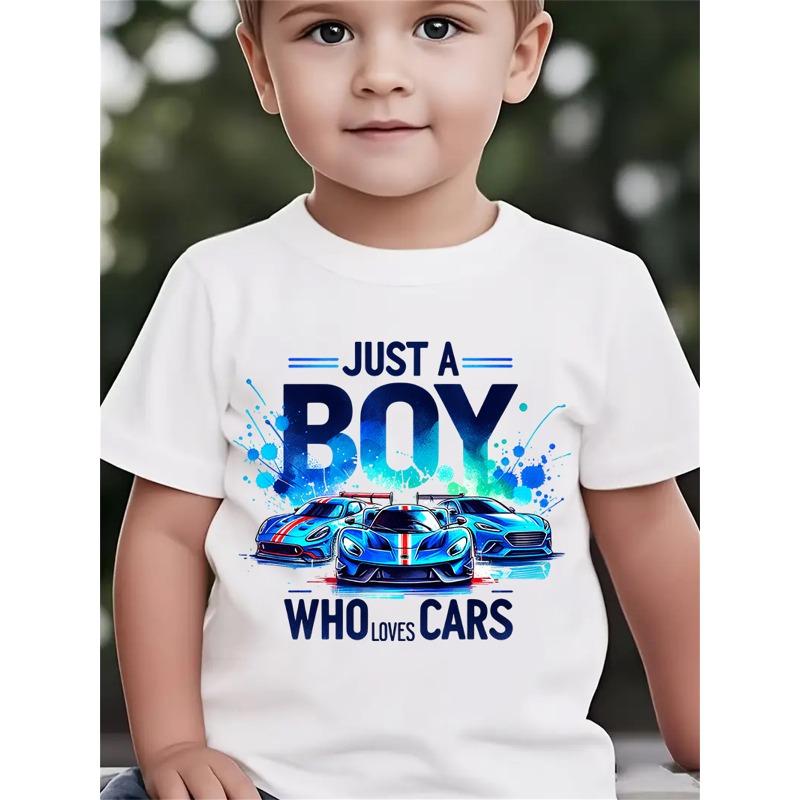 European Sizes Summer Fashion - Boys' Short Sleeve T-Shirt - JUST A BOY WHO LOVES CARS - Racing Car Cartoon Print - Casual Top
