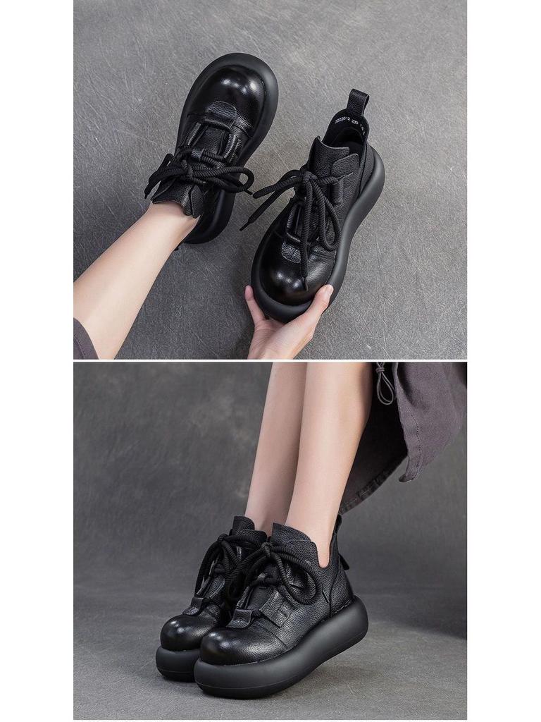 Genuine Soft Leather Martin Boots - Warm, Stylish & Versatile Retro Ankle Boots for Women, with Thick Platform Sole.