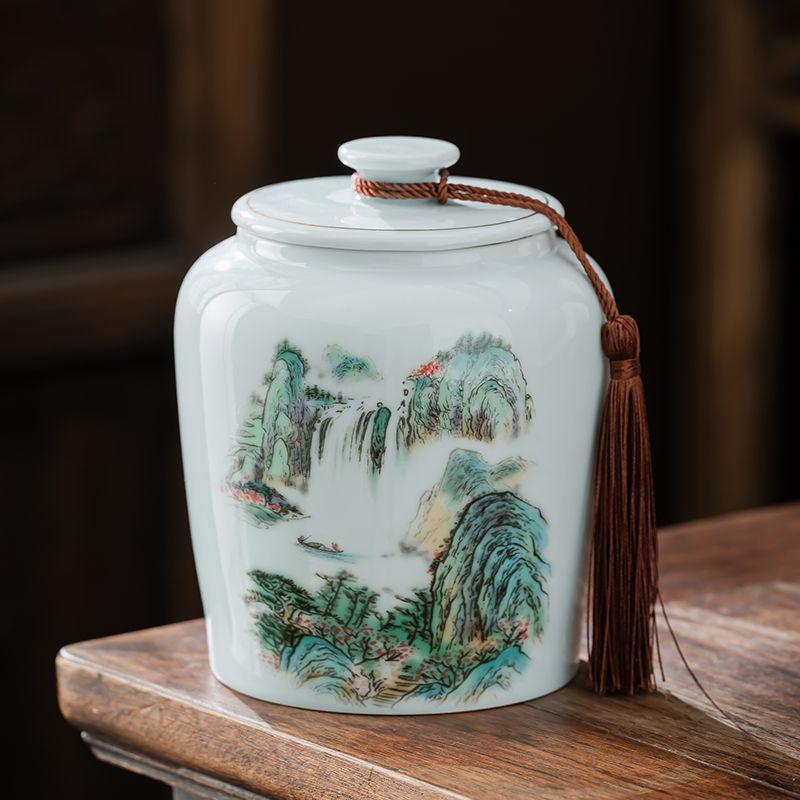 Shanshui Tea Caddy Ceramic Candy Jar Retro Household Large Nuts Coffee Beans Herb Storage Jar Kitchen Food Container Home Decor