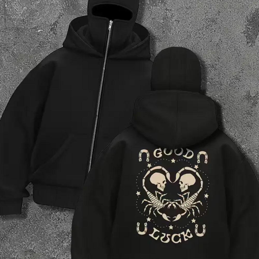 Men's Black Zipper Hooded Sweatshirt with Spider Personalized Print, Fashionable and Trendy Full Zipper Sweatshirt Jacket, Double Hat Design
