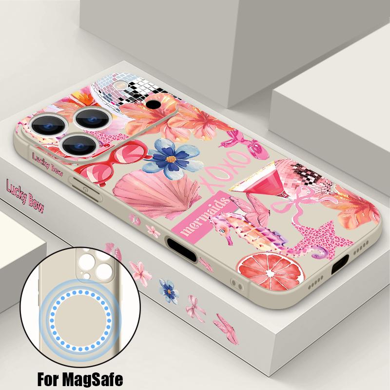Pink Cartoon Floral Pattern Case For iPhone 17 Pro Max Magnetic For Magsafe Silicone Cover For iPhone 16 Pro Max Funda iPhone 15 14 13 12 11 16E Air