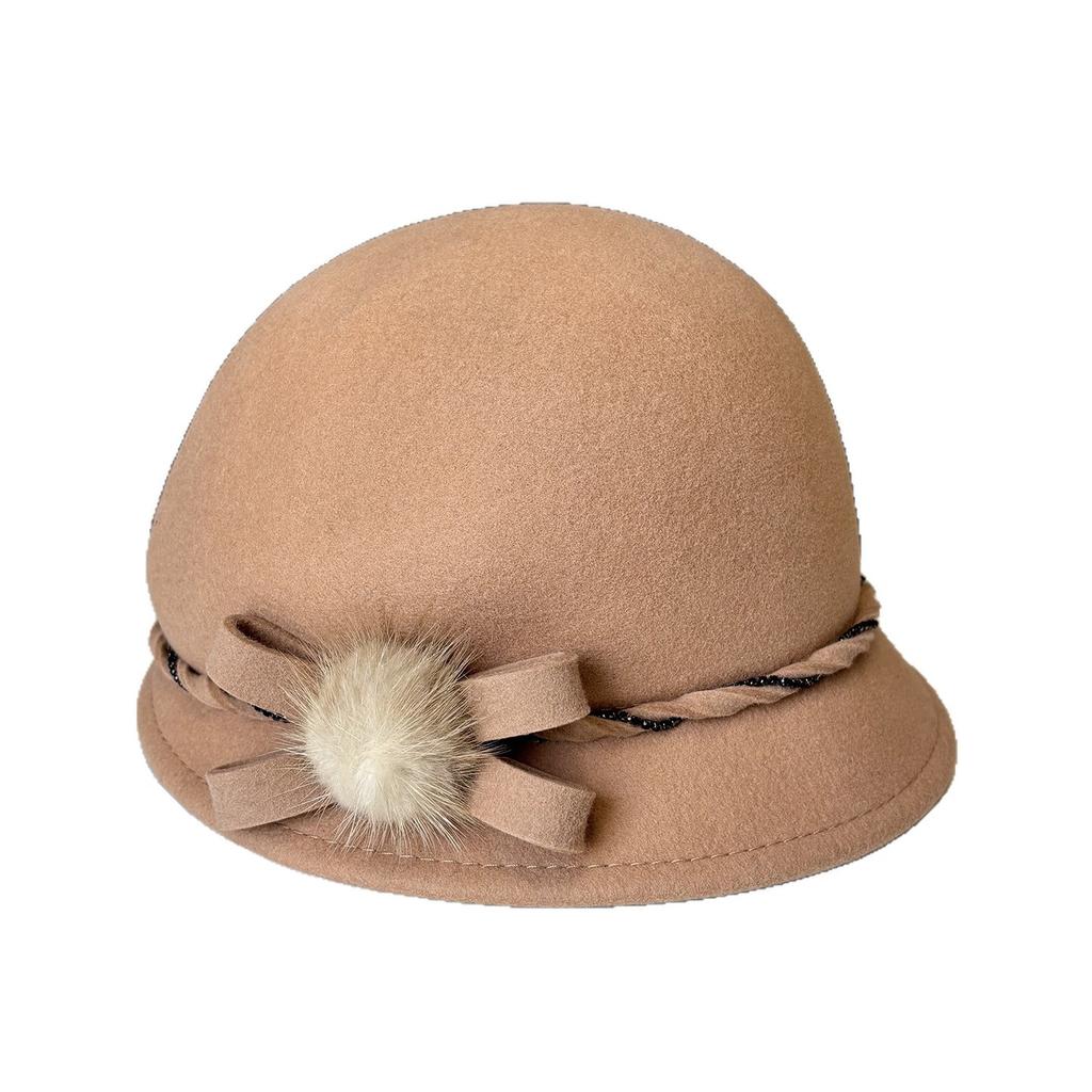 Fashion Beret Women'S Autumn And Winter Woolen Top Hat Cute Hairball Dome Basin Hat Elegant Styling Dome Felt Hat