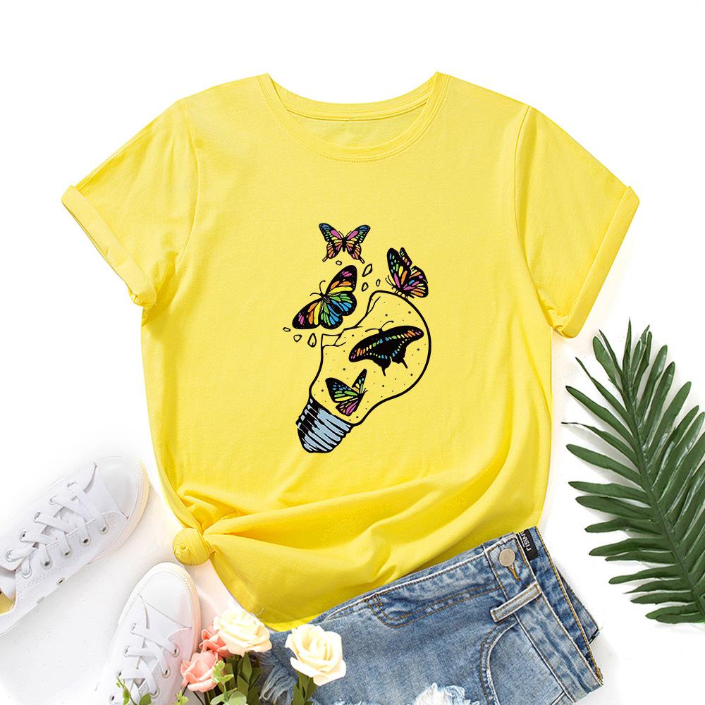 Butterfly Freedom Lamp Cotton T-Shirt Short Sleeve Round Neck Women 2d Print Tops