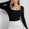 Women Causal Square Collar Flared Sleeve Elastic Bodysuit Autumn Sexy Slim Fit Contrasting Color Splicing Jumpsuit