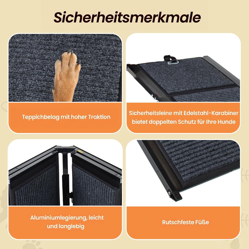 Rampa Pieghevole per Cani per Auto, Lunga 160cm Rampa Portatile per Cani di Taglia Grande con Superficie Tappeto Antiscivolo, Supporta fino a 110kg