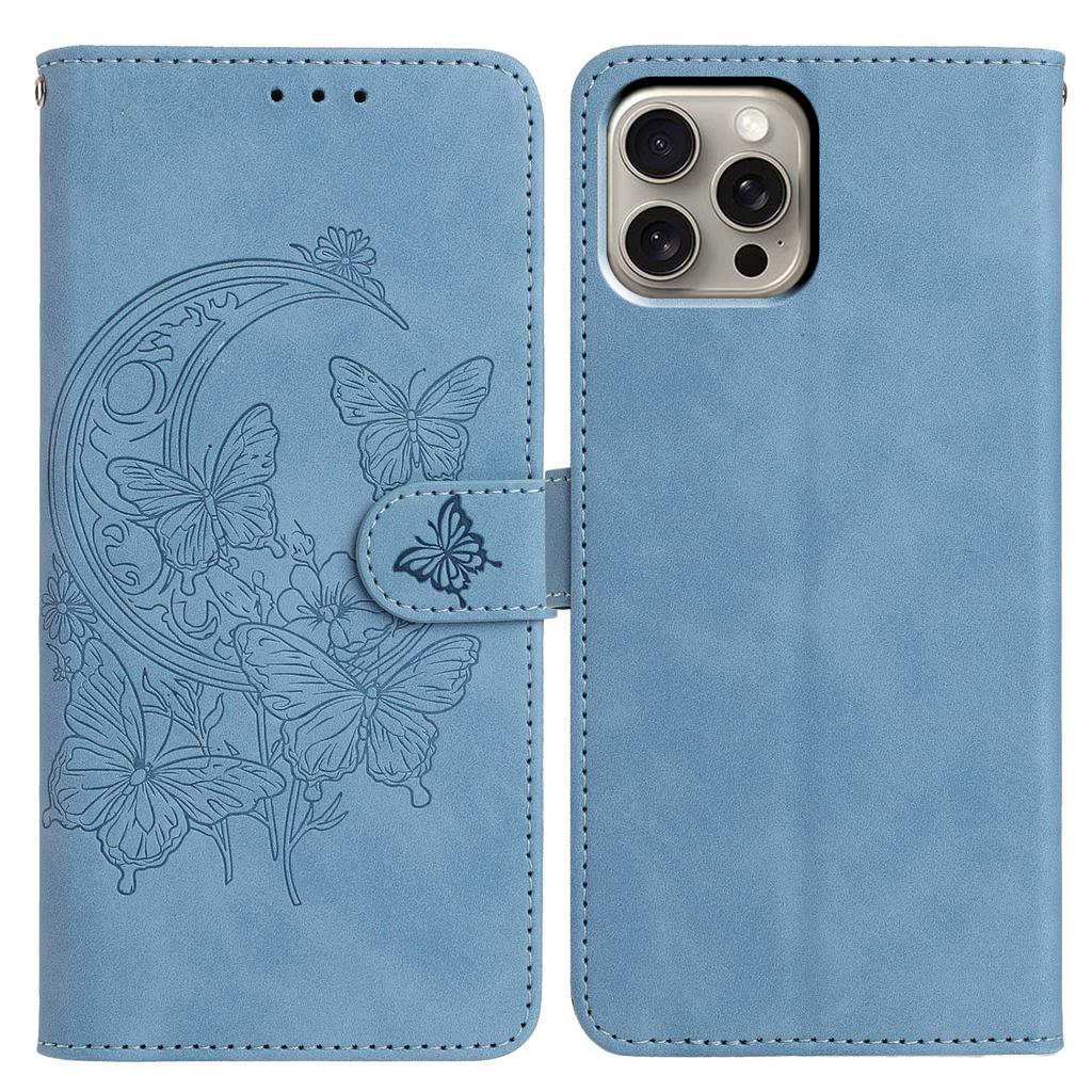 For iPhone 15 Pro Max Case Butterfly Flower Imprinted PU Leather Wallet Stand Phone Cover