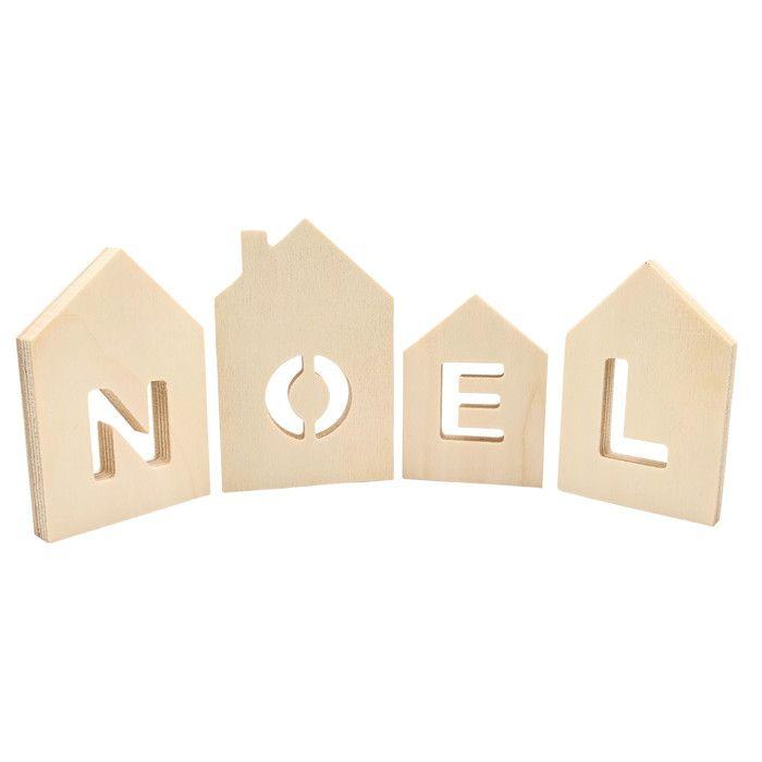 Wooden NOEL Letter Houses To Put Down 7.5 X 13cm 4 Pieces