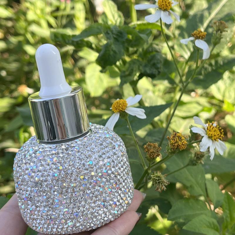 Skleněná lahvička s kapátkem s diamanty – 30ml luxusní nádobka na esenciální oleje na parfémy a péči o pleť