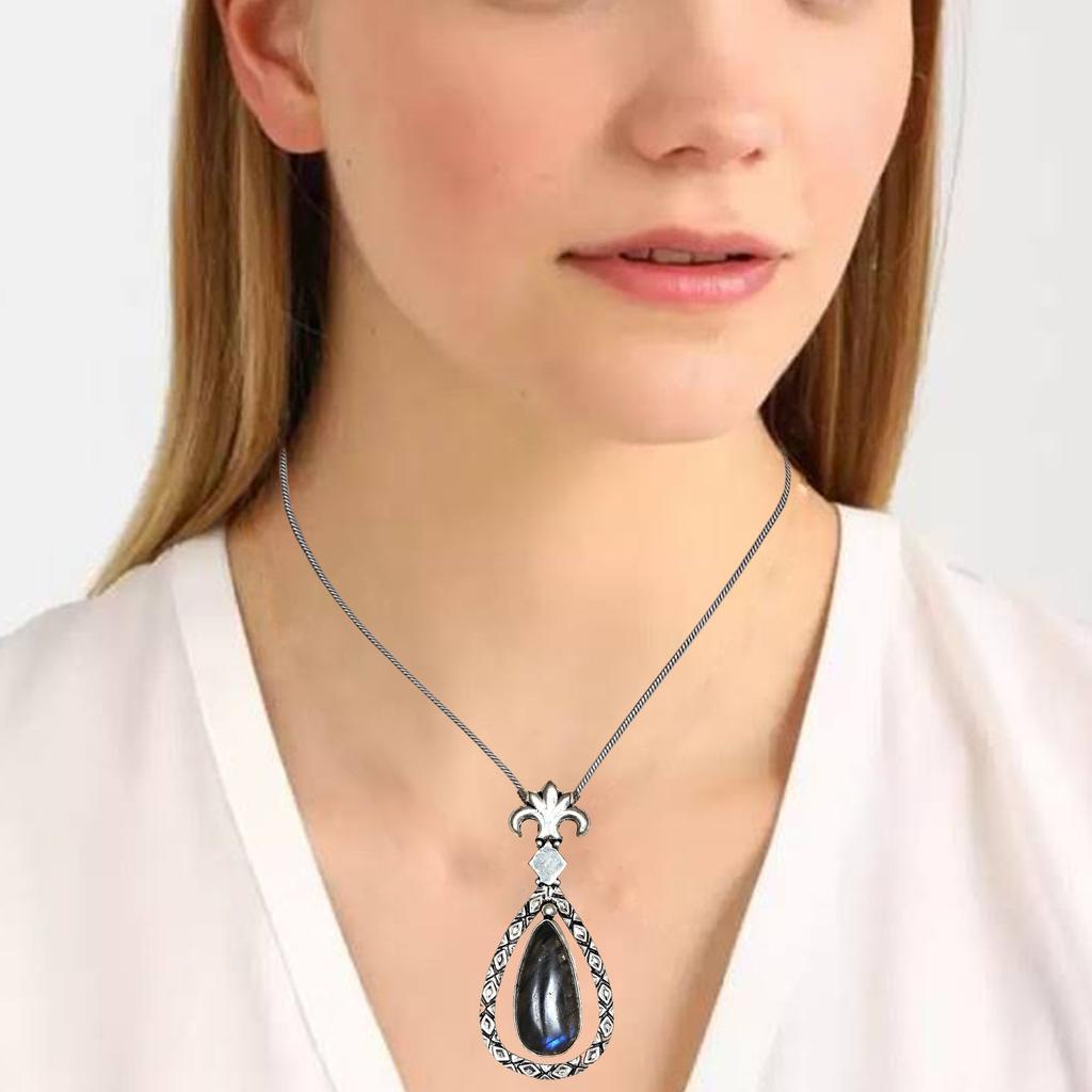 Pendant Silver  Peridot Labradorite Gemstone Jewelry Sterling 2.5" Fiery