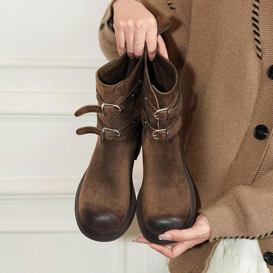 Blue Cabinet Edition~ Retro Polished Belt Buckle Western Cowboy Boots Skinny Short Boots Women's Maillard Martin Boots Locomotive Boots