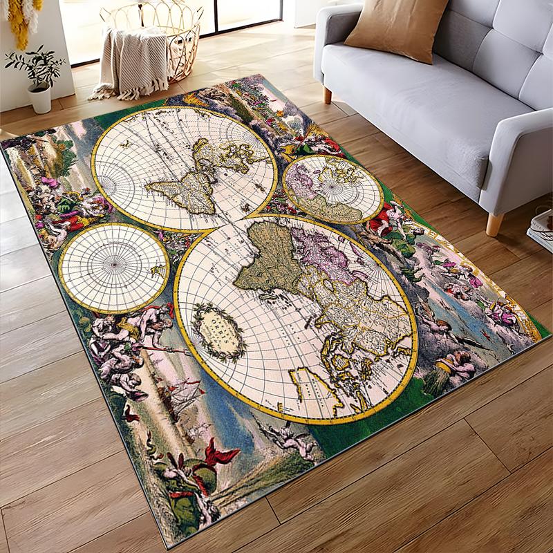 "Vintage World Map with Mythological Art - Non-slip rug suitable for living room and bedroom sofas"