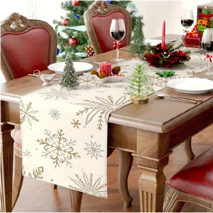 Snowflake Winter Table Runner Tablecloth in White Gold Linen for Seasonal Christmas and Holiday Table Setting Decoration