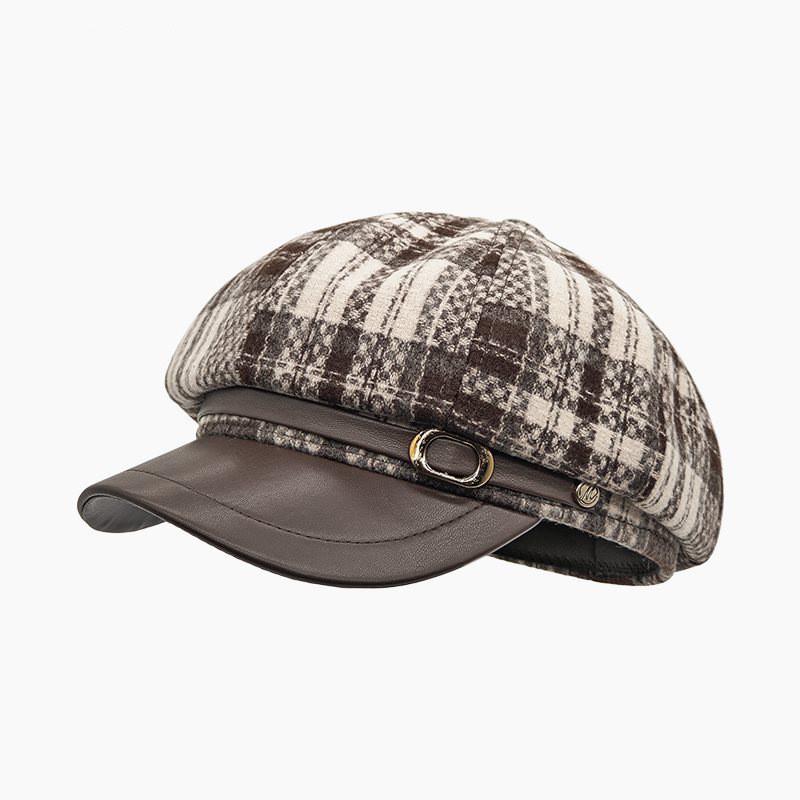 British Style Wool Blend Plaid Newsboy Cap With Wide Brim For Cold Weather Fashion