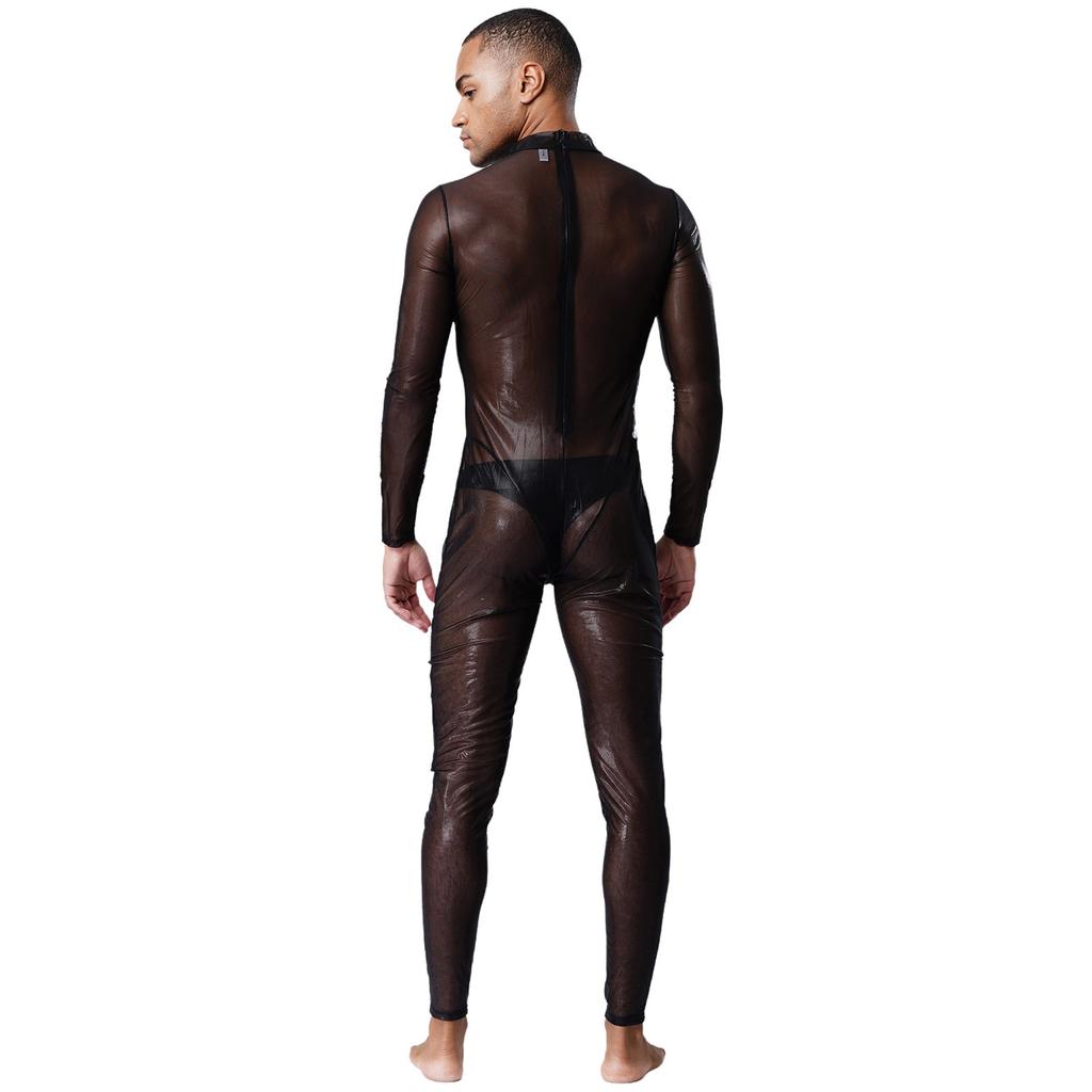 Tuta Holografica Trasparente da Uomo Manica Lunga Full Body Zip Posteriore Catsuit Clubwear
