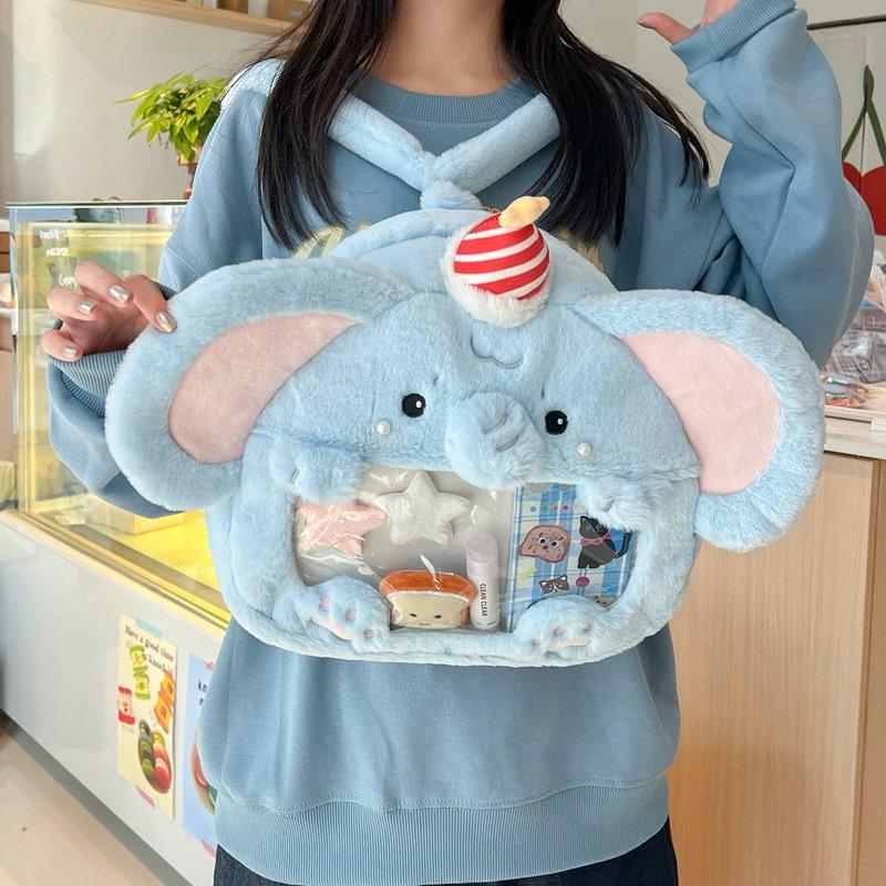 Bai Fen Bai Dolls And Toys Blue New Large-Capacity Baby Elephant Plush Perspective Backpack Fashionable Pain Bag Two-Dimensional Bar Bag