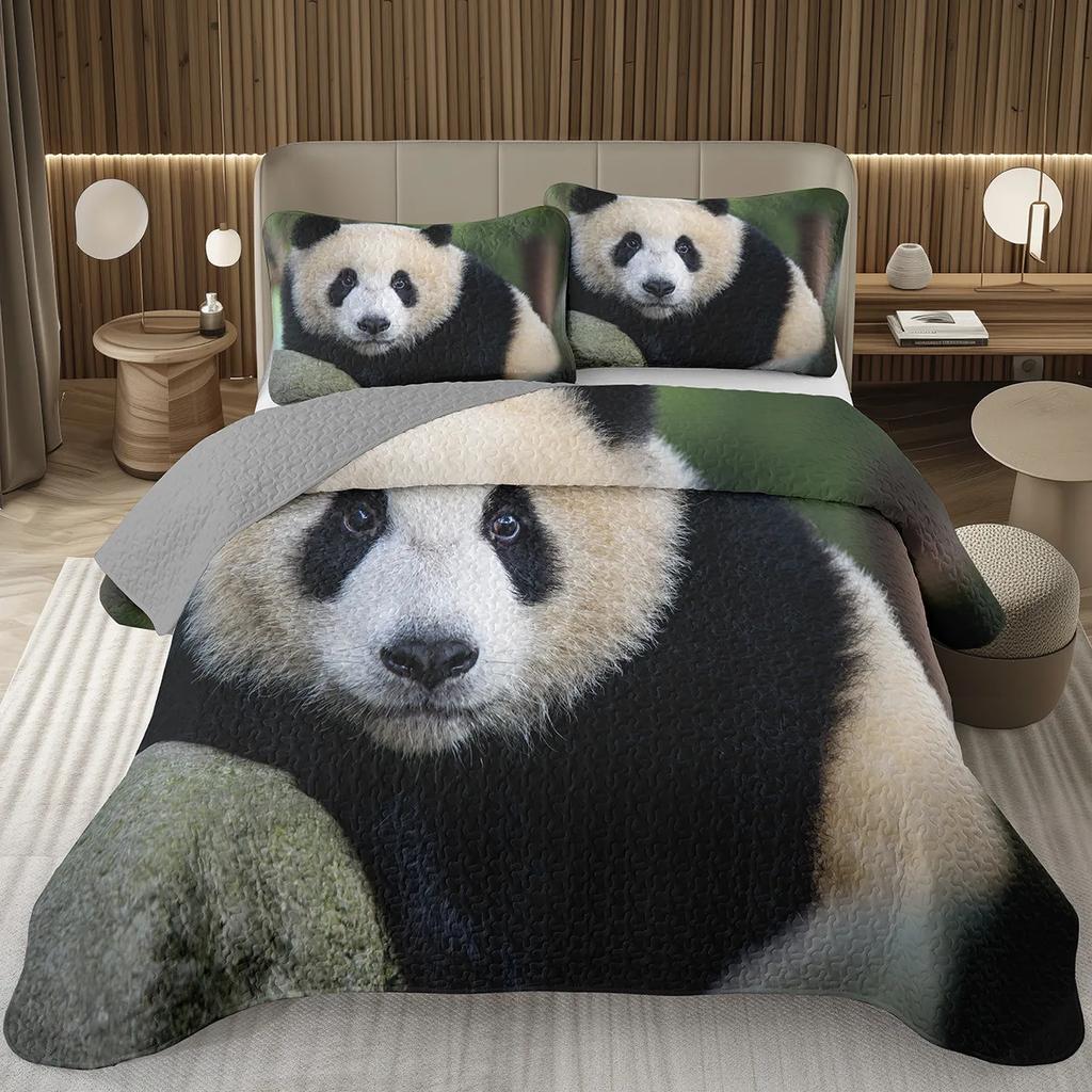 White And Black Panda Bedspread Set Kawaii Bamboo Botanical Twin Quilt Set Cute Panda Themed Coverlet Wild Animal Bedding Set
