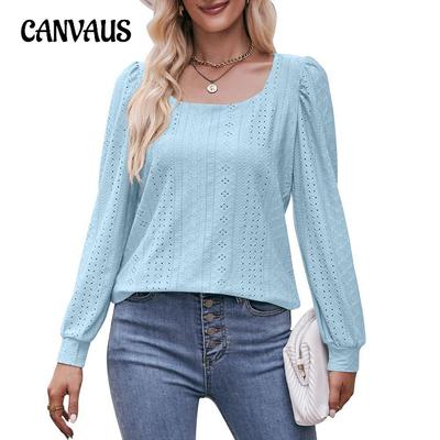 Autumn Women's Blouse Square Neck Hole Hollow Long Sleeve Casual Tops