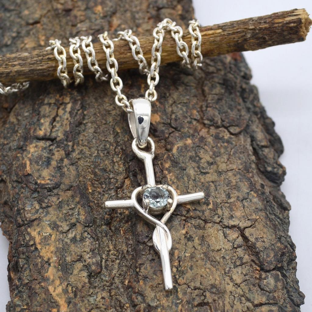 Collana con Ciondolo a Croce in Pietra Preziosa Topazio Azzurro Gioielli in Argento Sterling 925 Per Regalo di Natale