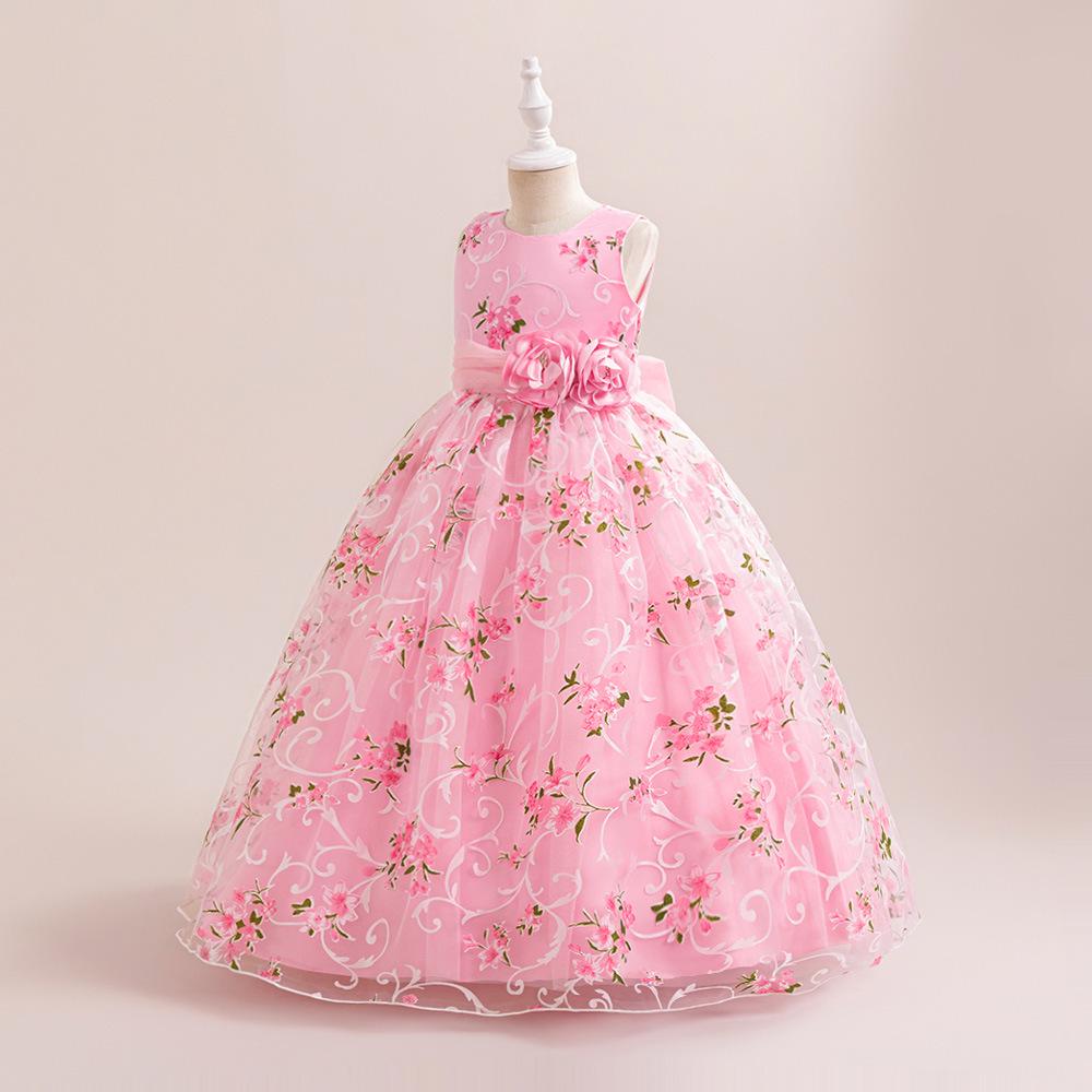 

Европейское и американское детское вечернее платье с принтом и пышной юбкой из сетки с цветами - Детская свадебная и праздничная одежда 130cm