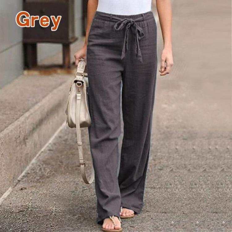 Comfortable Women Casual Pants Loose Elastic Waist Wide Leg Straight Long Trousers Solid Polyester Cotton Autumn