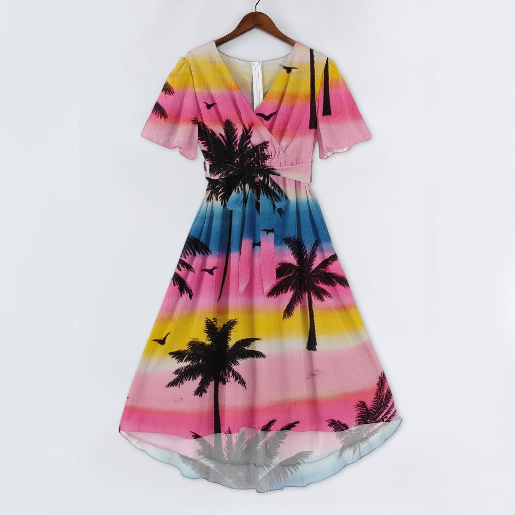 Women’s V Neck Short Sleeve Midi Dress with Tree Print Relaxed Fit Lightweight Fabric for Casual and Beach Wear
