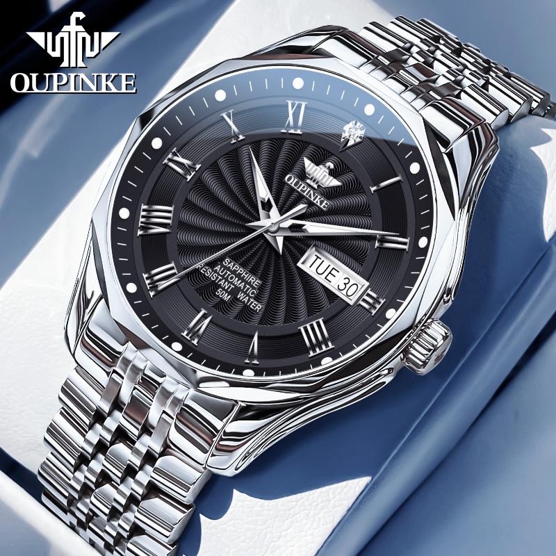 OUPINKE 3207 Automatic Watches for Men Original Import Japan Movement Real Diamond Dual Calendar Business Mechanical Wristwatch