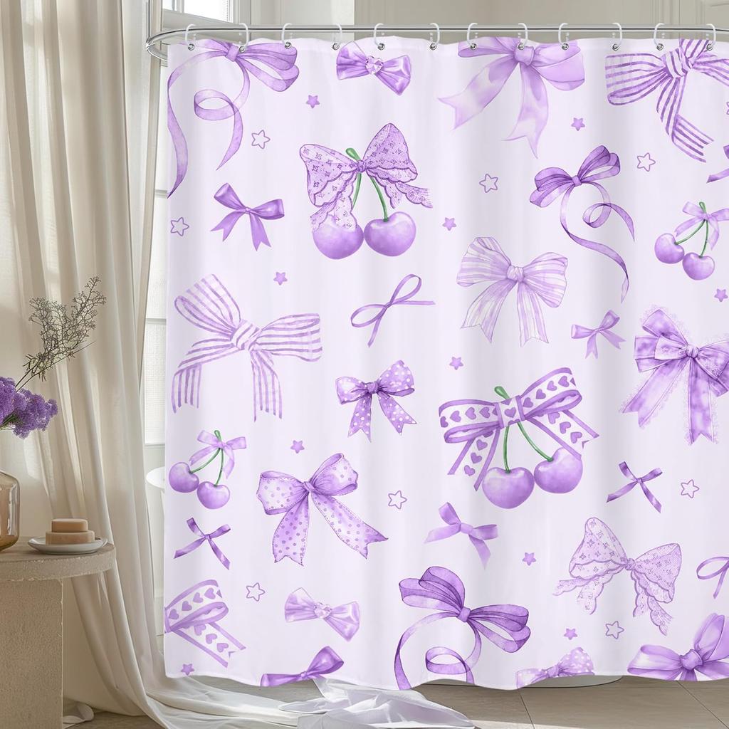 Pink Black Bow Shower Curtain Cherry Girly Preppy Modern Fruit Pretty Sweet Aesthetic for Girls Teens Cloth Fabric